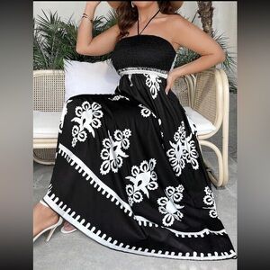 Boho Paisleys Print Smocked Halter Neck Maxi Dress Black